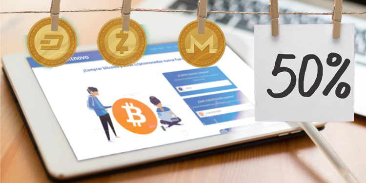 Monedas de Monero, Zchas y Dash junto a anuncio de oferta con interfaz de Bitnovo en la pantalla de tablet en el fondo. Composición por CriptoNoticias. freepik / freepik.com; twenty20photos / elements.envato.com; Bitnovo / bitnovo.com; leungchopan / elements.envato.com.