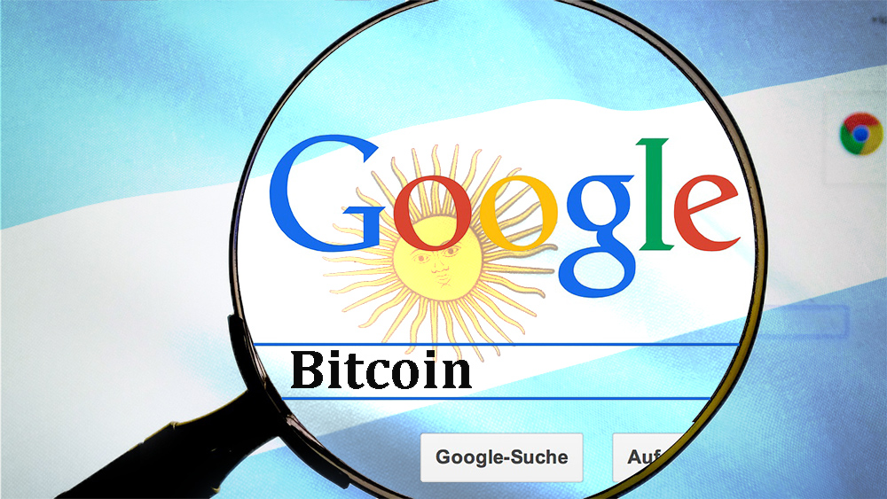 Buscar palabra Bitcoin en google con lupa y bandera de Argentina superpuesta. Composición por CriptoNoticias. Hebi B. / Pixabay.com; wirestock / freepik.com