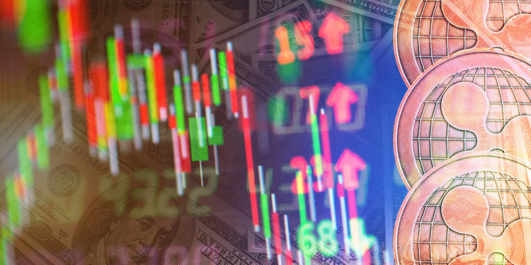 Monedas de Ripple (XRP) sobre gráfico e indicadores de mercado bajistas. Composición por CriptoNoticias. jirkaejc / elements.envato.com; jcomp / freepik.com.