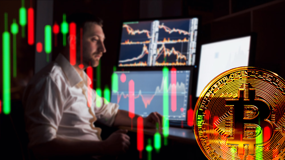 Moneda de bitcoin con gráfico bajista frente a trader operando en mercado. Composición por CriptoNoticias. mstandret / elements.envato.com; jcomp / freepik.com; ESchweitzer / elements.envato.com.