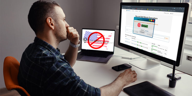 Hombre encuentra error para entrar en página de localBitcoins desde Estados Unidos. Composición por CriptoNoticias. Localbitcoins / localbitcoins.com; Clker-Free-Vector-Images / pixabay.com; freepik / freepik.com; GDJ / pixabay.com; arthurhidden / elements.envato.com.