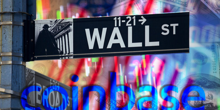 Logo de Coinbase en frente de Letrero de Wall Street con gráfico de mercado y bandera de Estados Unidos en el fondo. Composición por CriptoNoticias. Coinbase / coinbase.com; jcomp / freepik.com; dibrova / elements.envato.com.
