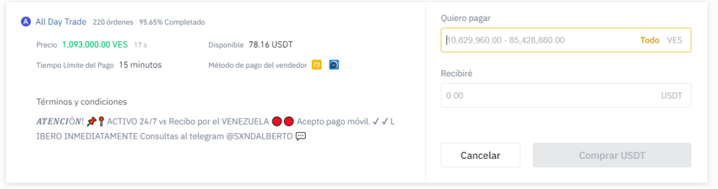 formulario de compra de criptomonedas en Binance P2P