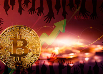 Sombra de manos sobre moneda de Bitcoin con gráfico alcista en el fondo. Composición por CriptoNoticias. geralt / pixabay.com; tartila / freepik.com; ESchweitzer / elements.envato.com.