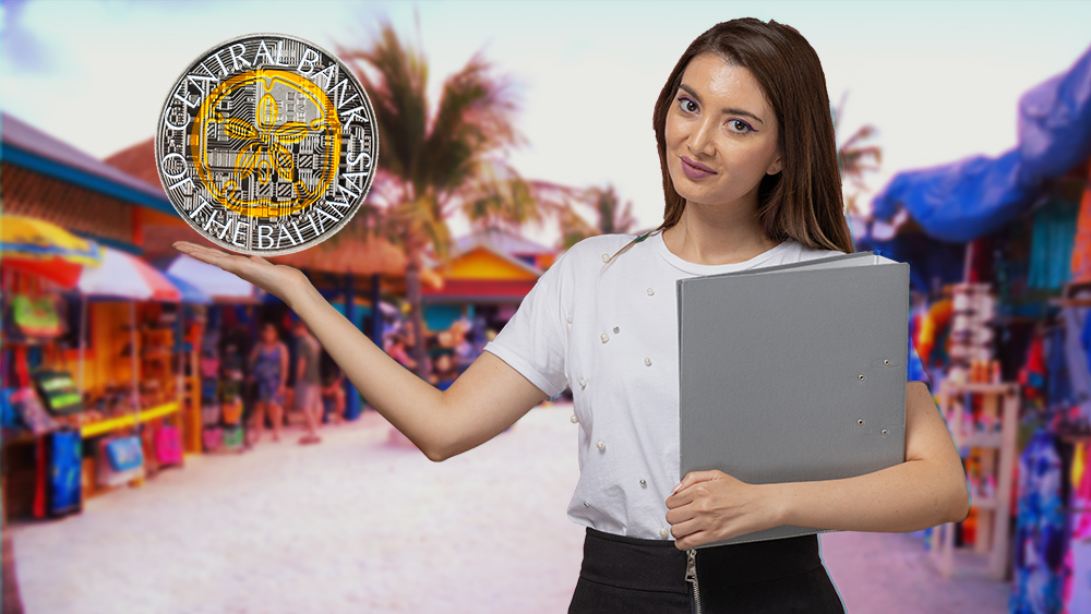 Mujer presenta sand dollar con mercado de las Bahamas en el fondo. Composición por CriptoNoticias. Central Bank of Bahamas / centralbankbahamas.com; KamranAydinov / freepik.com; twenty20photos / elements.envato.com.