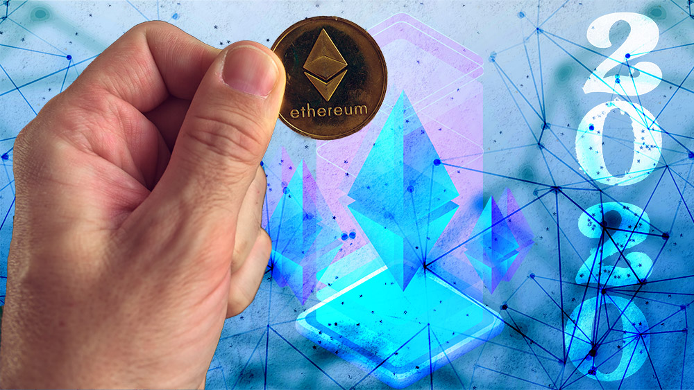 Hombre sostiene moneda de Ethereum con fondo digital y letrero de 2020 en el fondo. Composición por CriptoNoticias. vectorpouch / freepik.com; stevanovicigor / elements.envato.com; starline / freepik.com; prosto_juli / elements.envato.com.