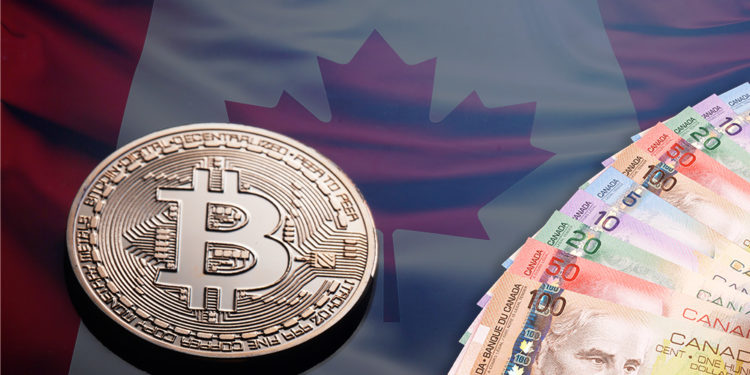 Moneda de Bitcoin junto a billetes de dólares canadienses con bandera de Canadá en el fondo. Composición por CriptoNoticias. johan10 / elements.envato.com; slon.pics / freepik.com; Alexlukin / elements.envato.com.