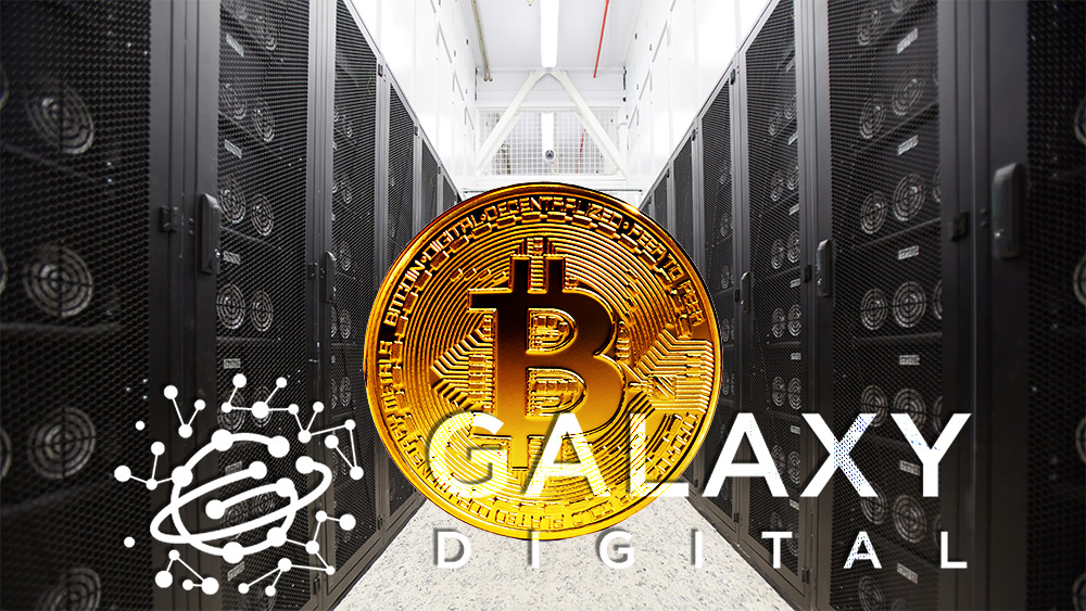 Logo de Galaxy Digital frente a moneda de Bitcoin sobre fondo de granja de minería de criptomonedas. Composición por CriptoNoticias. ESchweitzer / elements.envato.com; Galaxi Digital / galaxidigital.io; Pressmaster / elements.envato.com.