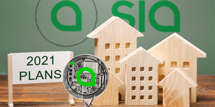 Moneda de Sia sostenida por tenedores con planes de desarrollo y logo de Siacoin en el fondo. Composición por CriptoNoticias. Sia / sia.tech; bitcointere / pxhere.com; twenty20photos / elements.envato.com.