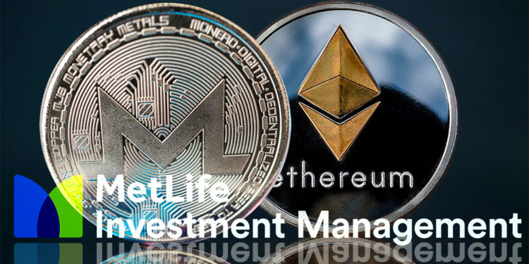 Monedas de Ethereum y Monero frente a fondo oscuro con logo de MetLife Investment Management superpuesto. Composición por CriptoNoticias. WorldSpectrum / pixabay.com; garloon / elements.envato.com; MetLife Investment Management / investments.metlife.com; erika8213 / elements.envato.com.