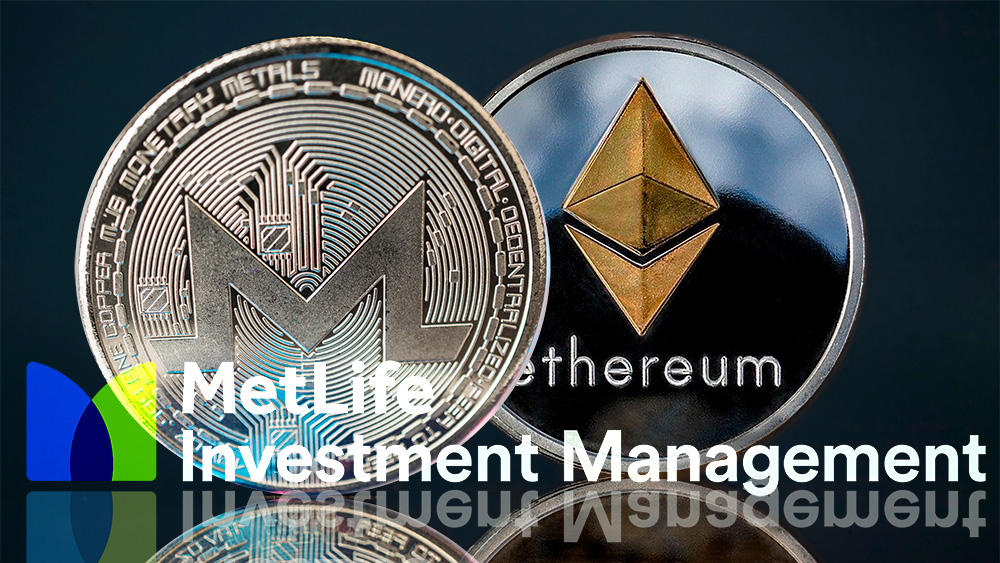 Monedas de Ethereum y Monero frente a fondo oscuro con logo de MetLife Investment Management superpuesto. Composición por CriptoNoticias. WorldSpectrum / pixabay.com; garloon / elements.envato.com; MetLife Investment Management / investments.metlife.com; erika8213 / elements.envato.com.