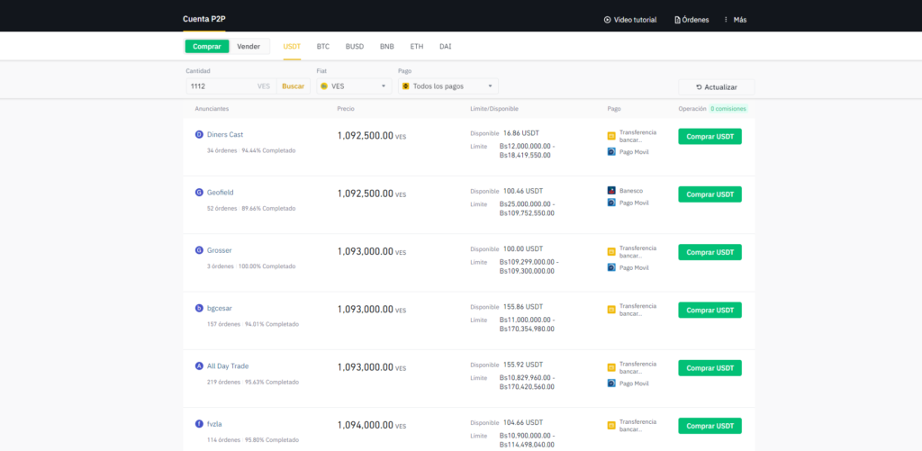 lista de compra venta e intercambio p2p en Binance