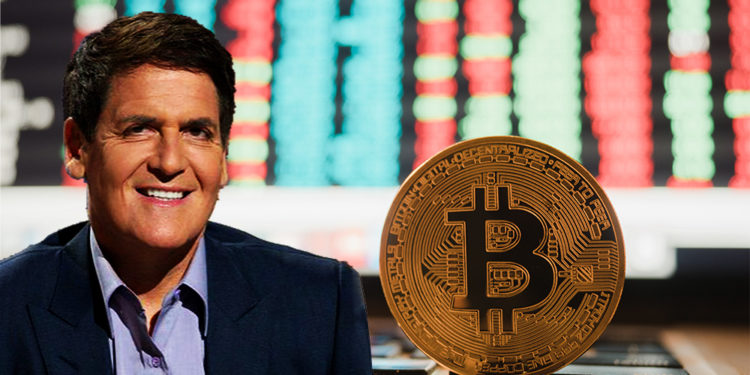 Mark Cuban junto a moneda de bitcoin sobre computadora con información del mercado en el fondo. Composición por CriptoNoticias. Texas Business Hall of Fame Foundation / texasbusiness.org; Panxunbin / elements.envato.com.