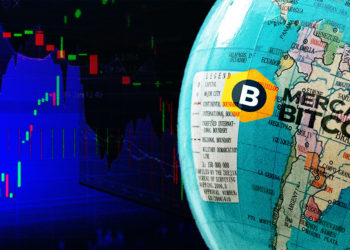 Logo de Mercado Bitcoin sobre globo terraqueo con gráfico de mercado en el fondo. Composición por CriptoNoticias. Mercado Bitcoin / mercadobitcoin.com.br; Isabela Kronemberger / unsplash.com; twenty20photos / elements.envato.com.
