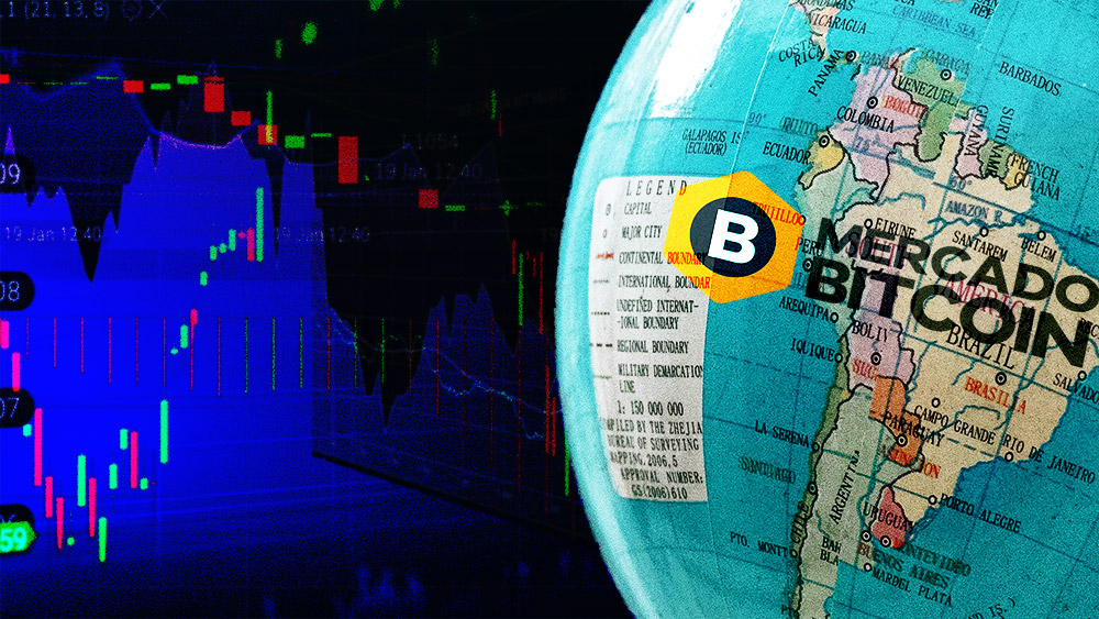 Logo de Mercado Bitcoin sobre globo terraqueo con gráfico de mercado en el fondo. Composición por CriptoNoticias. Mercado Bitcoin / mercadobitcoin.com.br; Isabela Kronemberger / unsplash.com; twenty20photos / elements.envato.com.