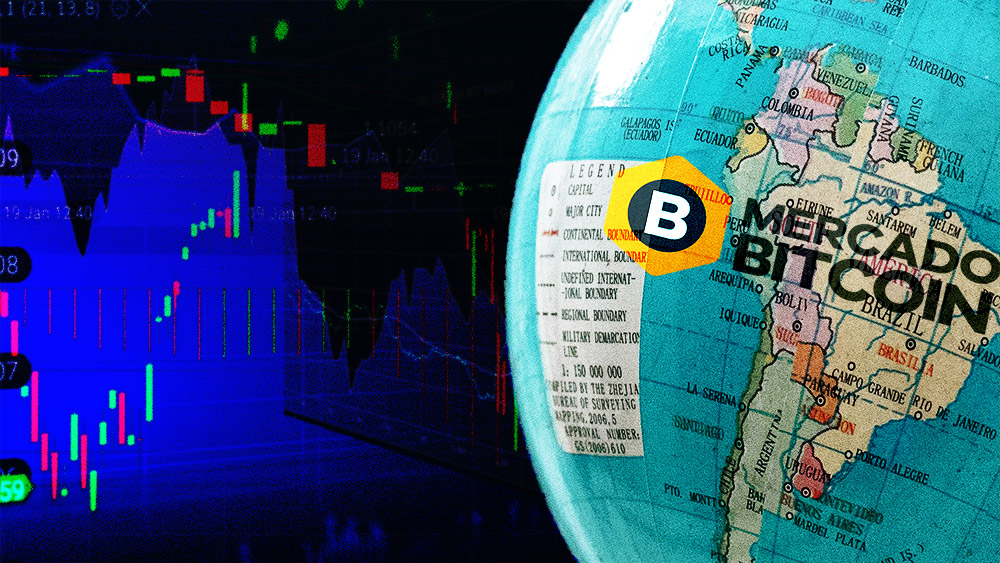 Logo de Mercado Bitcoin sobre globo terraqueo con gráfico de mercado en el fondo. Composición por CriptoNoticias. Mercado Bitcoin / mercadobitcoin.com.br; Isabela Kronemberger / unsplash.com; twenty20photos / elements.envato.com.