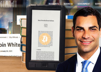 Alcalde Francis Suarez frente a mesa con libros y tablet con white paper de Bitcoin y página web del gobierno de Miami en el fondo. Composición por CriptoNoticias. Bitcoin / bitcoin.org; Ciudad de Miami / miamigov.com; Harvard / wikipedia; LightFieldStudios / elements.envato.com.