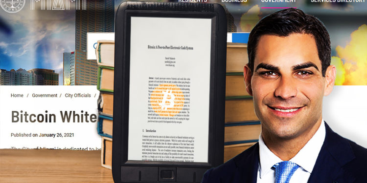 Alcalde Francis Suarez frente a mesa con libros y tablet con white paper de Bitcoin y página web del gobierno de Miami en el fondo. Composición por CriptoNoticias. Bitcoin / bitcoin.org; Ciudad de Miami / miamigov.com; Harvard / wikipedia; LightFieldStudios / elements.envato.com.