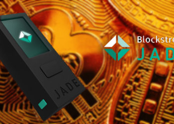 Monedero Jade de Blockstream frente a monedas de Bitcoin. Composición por CriptoNoticias.  Blockstream / blockstream.com; Sonyachny / elements.envato.com.