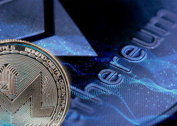 Moneda de Monero frente a red digital con moneda de Ethereum en el fondo. Composición por CriptoNoticias. garloon / elements.envato.com; kjpargeter / freepik.com; macondoso / elements.envato.com.