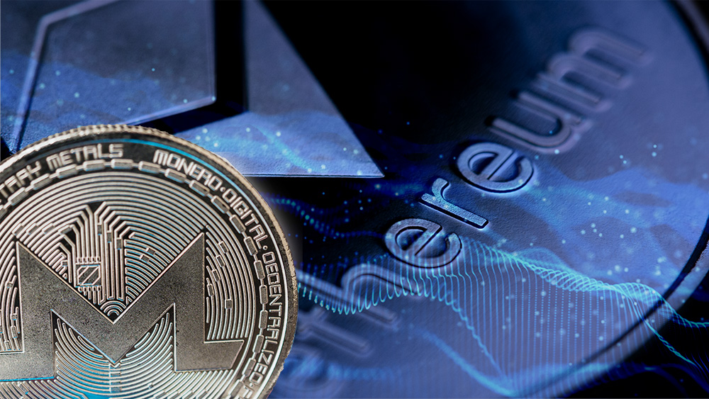 Moneda de Monero frente a red digital con moneda de Ethereum en el fondo. Composición por CriptoNoticias. garloon / elements.envato.com; kjpargeter / freepik.com; macondoso / elements.envato.com.