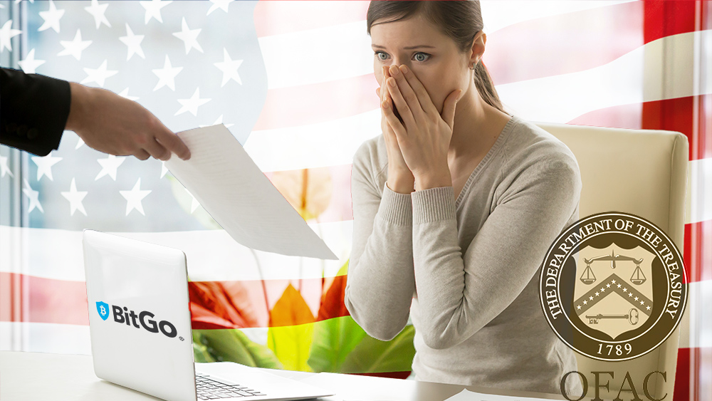 Mujer sorprendida recibiendo multa con logos de BitGo y la OFAC con bandera de Estados Unidos en el fondo. Composición por CriptoNoticias. BitGo / wikipedia.org; yanalya / freepik.com; Office of Foreign Assets Control / wikipedia.org; Prostock-studio / elements.envato.com.