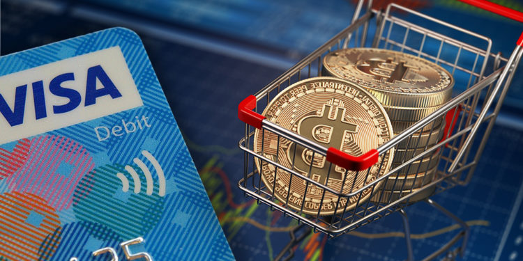 Tarjeta visa junto a carrito de mercado con monedas de bitcoin sobre tablet con gráfico de mercado. Composición por CriptoNoticias. Miloslav Hamřík / pixabay.com; maxxyustas / elements.envato.com.