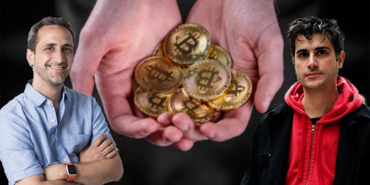 Rodolfo Andragnes junto a Franco Amati con hombre ofreciendo monedas de Bitcoin en el fondo. Composición por CriptoNoticias. Rodolfo Andragnes / linkedin.com; Franco Amati / facebook.com; grafvision / elements.envato.com.