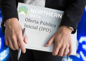 Mujer sostiene carpeta de IPO con logo de Northern Data con gráficos de mercado en el fondo. Composición por CriptoNoticias. astrakanimages / elements.envato.com; Bakkt / twitter.com; leungchopan / elements.envato.com; Northern Data / northerndata.de