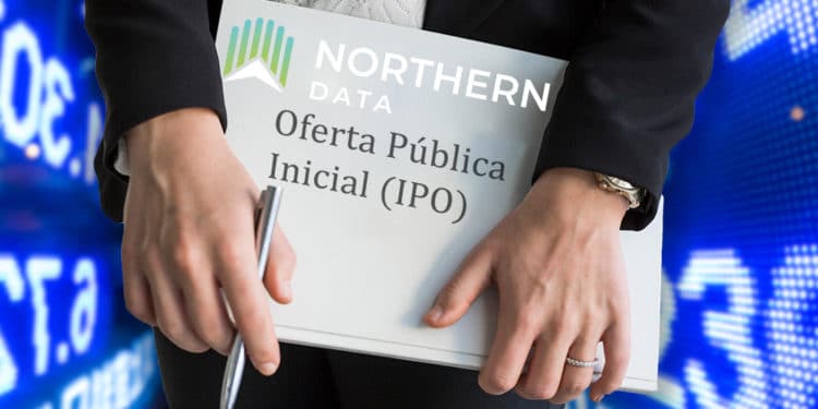 Mujer sostiene carpeta de IPO con logo de Northern Data con gráficos de mercado en el fondo. Composición por CriptoNoticias. astrakanimages / elements.envato.com; Bakkt / twitter.com; leungchopan / elements.envato.com; Northern Data / northerndata.de