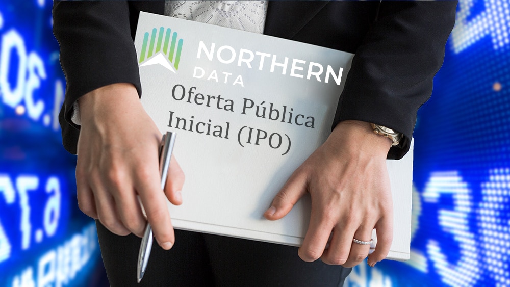 Mujer sostiene carpeta de IPO con logo de Northern Data con gráficos de mercado en el fondo. Composición por CriptoNoticias. astrakanimages / elements.envato.com; Bakkt / twitter.com; leungchopan / elements.envato.com; Northern Data / northerndata.de