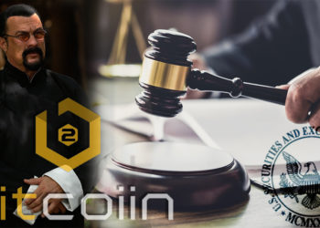 Logo de la SEC y Bitcoiin2Gen sobre imagen de juez y Steven Seagal. Composición por CriptoNoticias. SEC / sec.gov; Bitcoiin2Gen / bitcoiin2gen.pr.co; Bitcoiin2Gen / medium.com; twenty20photos / elements.envato.com.