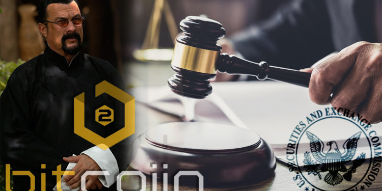 Logo de la SEC y Bitcoiin2Gen sobre imagen de juez y Steven Seagal. Composición por CriptoNoticias. SEC / sec.gov; Bitcoiin2Gen / bitcoiin2gen.pr.co; Bitcoiin2Gen / medium.com; twenty20photos / elements.envato.com.