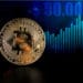 Moneda de Bitcoin con gráfico alcista del precio marcando USD 50.000 en el fondo