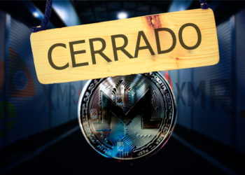 Letrero de cerrado con moneda de Monero en frente de galpones de mercado con logo de XMR.to. Composición por CriptoNoticias. garloon / elements.envato.com; XMR.to / XMR.to; mrsiraphol / freepik.com; aknologia6path / pixabay.com