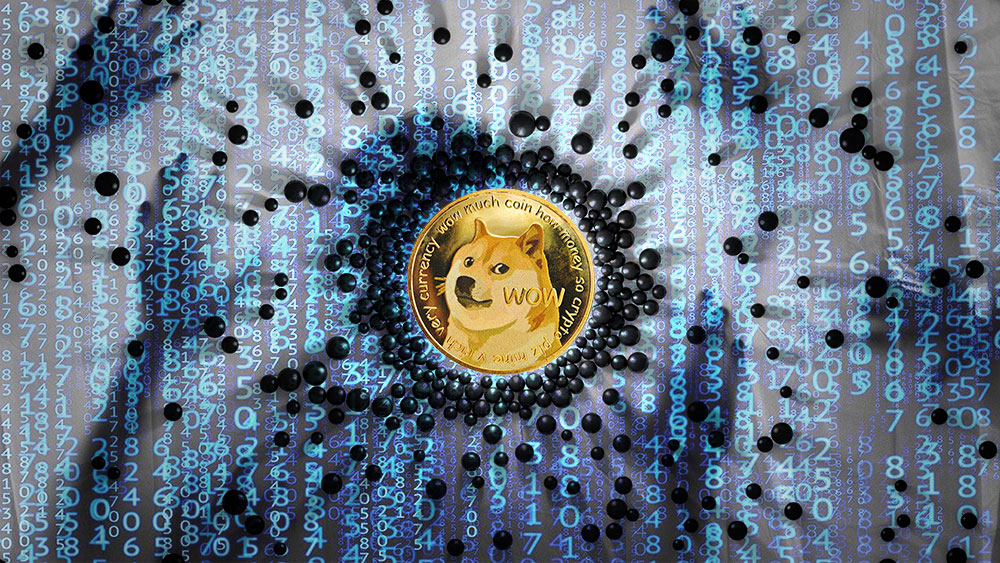 Moneda de Dogecoin en el centro de esferas con código y hackers en el fondo. Composición por CriptoNoticias. jirkaejc / elements.envato.com; GarryKillian / freepik.com; Matryx / pixabay.com.