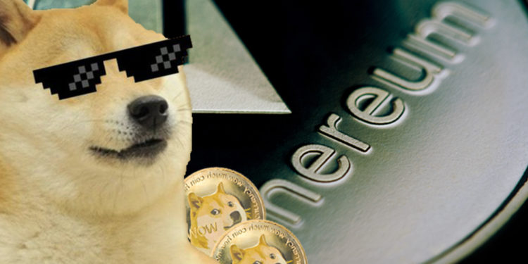 Perro con lentes de sol frente a monedas de dogecoin y moneda de Ethereum. Composición por CriptoNoticias. jirkaejc / elements.envato.com; pNetwork / twitter.com; macondoso / elements.envato.com.