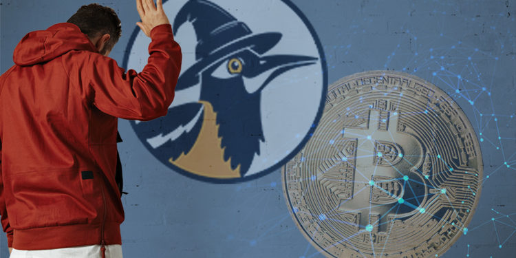 Hombre de espalda se despide con logo de Locha Mesh y bitcoin al fondo con red digital superpuesta. Composición por CriptoNoticias. bublikhaus / freepik.com; Locha Mesh / locha.io; LightFieldStudios / elements.envato.com; starline / freepik.com.