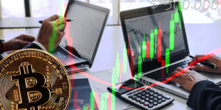 Moneda de Bitcoin sobre gráfico alcista apuntando a USD 300.000 con traders estudiando gráficos de mercado en el fondo. Composición por CriptoNoticias. johan10 / elements.envato.com; Jcomp / elements.envato.com; twenty20photos / elements.envato.com.