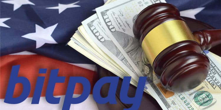 Logo de Bitpay sobre martillo de juez con billetes de dólar y bandera de Estados Unidos en el fondo. Composición por CriptoNoticias. Bitpay / bitpay.com; twenty20photos / elements.envato.com.