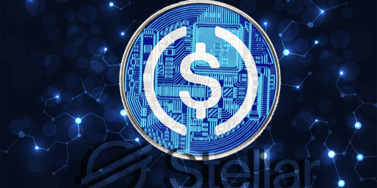 Moneda de USDC sobre  blockchain digital con logo de Stellar superpuesto. Composición por CriptoNoticias. Centre / centre.io; Stellar / stellar.org; johan10 / elements.envato.com; vector_corp / freepik.com.