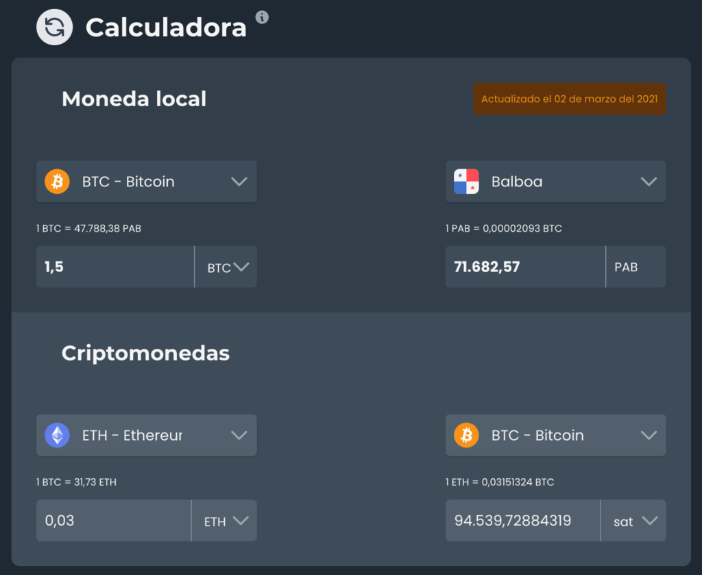 Calculadora de cambio entre Bitcoin Ethereum y monedas nacionales