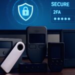 Varias wallets de hardware una al lado de la otra y pantalla azul al fondo