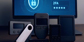 Varias wallets de hardware una al lado de la otra y pantalla azul al fondo