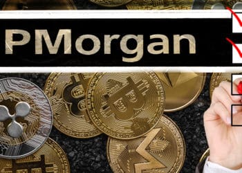 Criptomonedas con letrero de JP Morgan y mano de empresario rellenando encuesta.