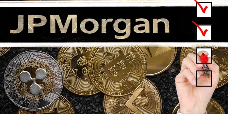 Criptomonedas con letrero de JP Morgan y mano de empresario rellenando encuesta.