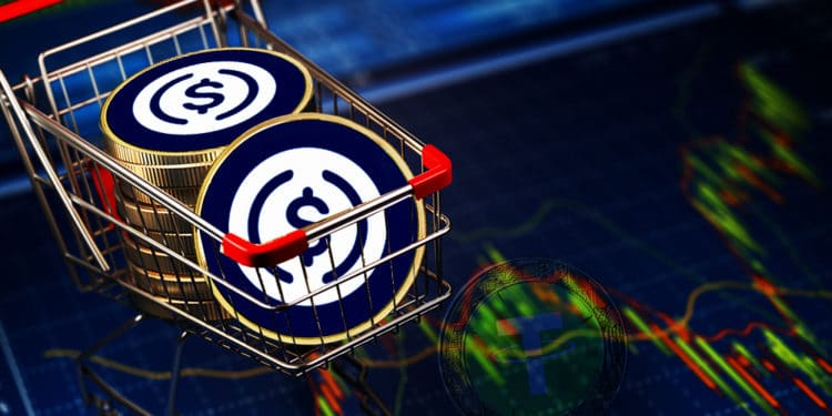 USD coin sobre carrito de compras con fondo de gráfica de Mercado sobrepuesto la stablecoins de Tether.