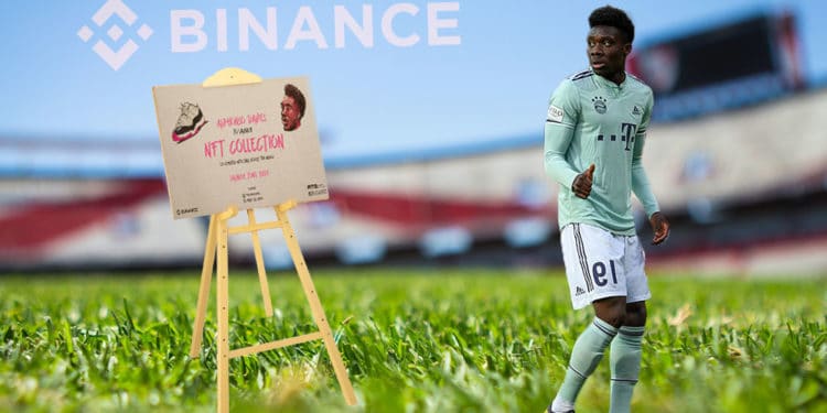 Campo de fútbol con Alphonso Davies con atril sosteniendo NFT de Binance.