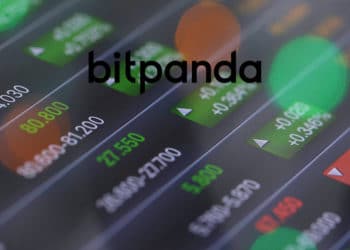 Mercado de acciones y logo de bitpanda. Composición por CriptoNoticias Fuentes:  leungchopan  /  elements.envato.com  ;  bitpanda /  bitpanda.com .