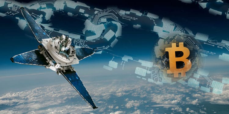 Vista del planeta tierra desde el espacio, satélite, blockchain y bitcoin en órbita.